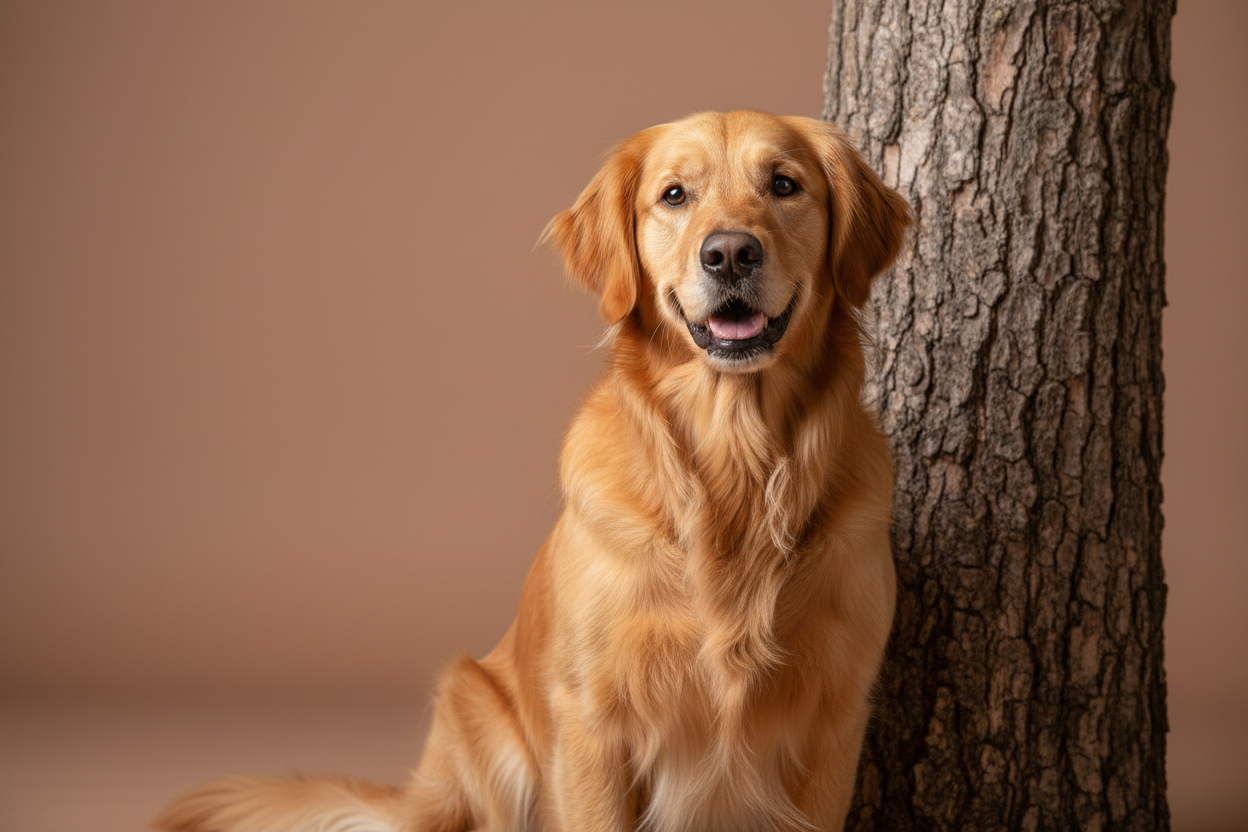 Een hond die aan een boom zit, de afbeelding moet realistisch zijn en de achtergrond mag effen zijn en pastelbruin van kleur zijn. 