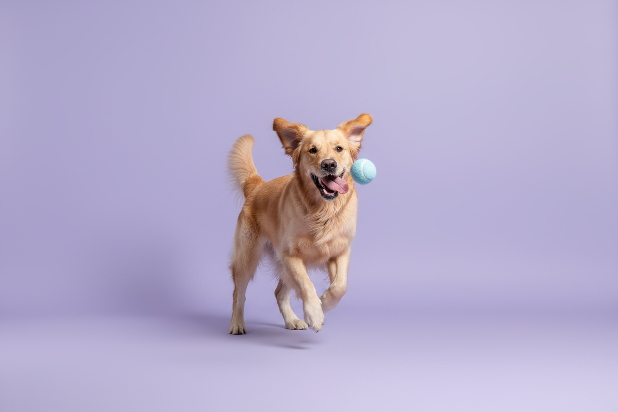 Hond die met een bal aan het spelen is, effen achtergrond in een pastel kleur. 