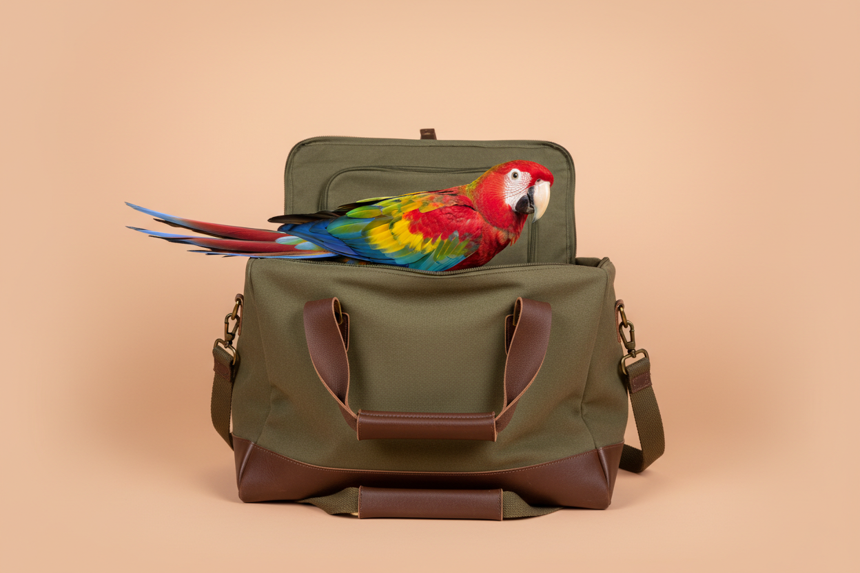 Kan je een afbeelding maken van een papegaai die in een reistas zit? De achtergrond moet effen zijn en moet een pastelkleur hebben, geen roze, blauw, groen of geel!