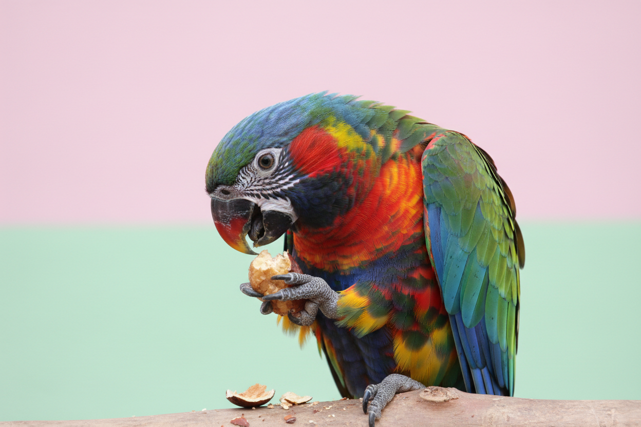 Kan je een afbeelding maken van een papegaai die nootjes aan het eten is? De achtergrond moet effen zijn en moet 2 pastelkleuren hebben. 