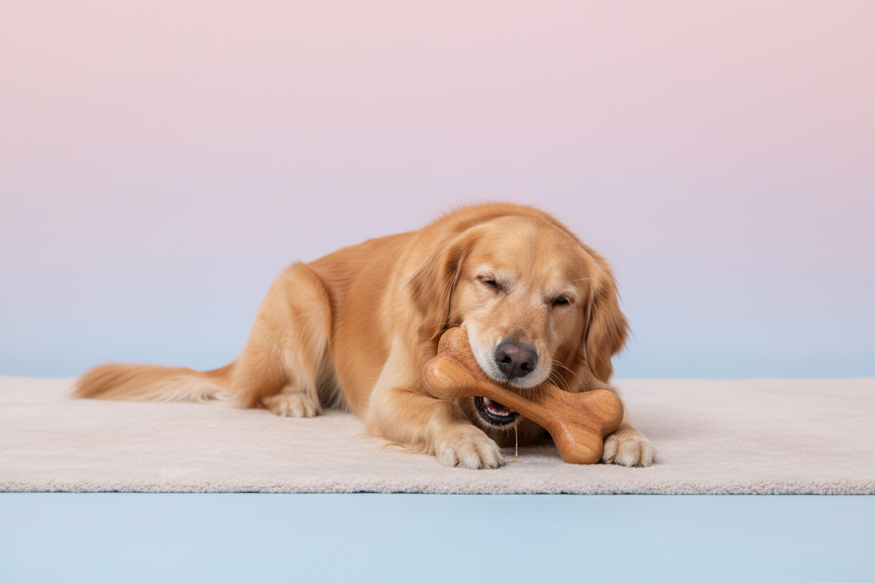 Kan je een maken van een hond die neerligt en op een bot aan hout kauwen is? De achtergrond moet effen zijn en 2 pastelkleuren hebben
