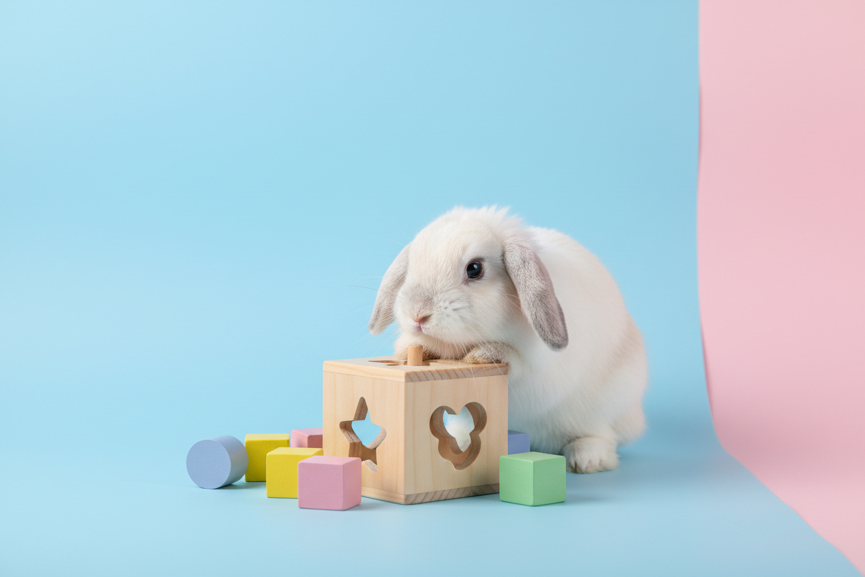 Konijn die aan het spelen is met een educatief speelgoedje, de achtergrond moet effen zijn en een pastelkleur hebben. 