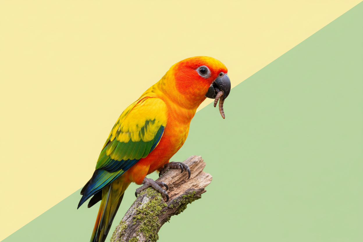 Maak een afbeelding met een papegaai die op een tak zit en een worm aan het eten is, de achtergrond moet effen zijn en 2 pastelkleuren hebben geel en groen.