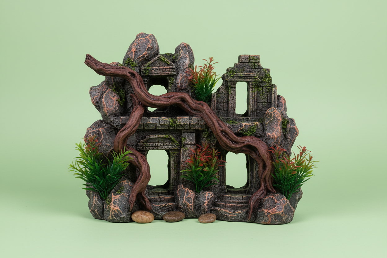 Maak een afbeelding van aquariumdecoratie. De achtergrond moet effen zijn en een pastelgroene kleur hebben. 