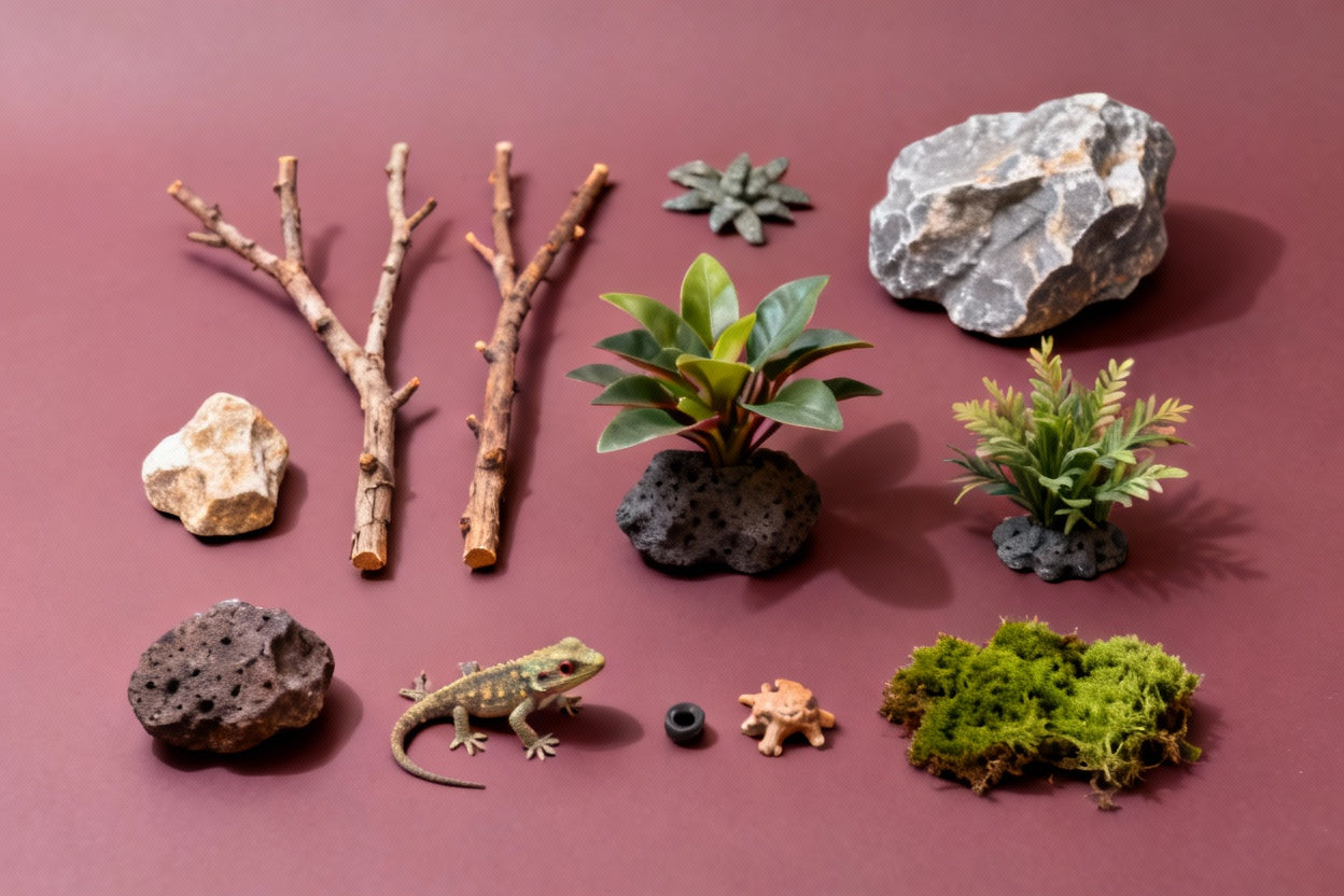 Maak een afbeelding van decoratie voor in een terrarium, de achtergrond moet pastelbordeaux zijn en effen zijn. 