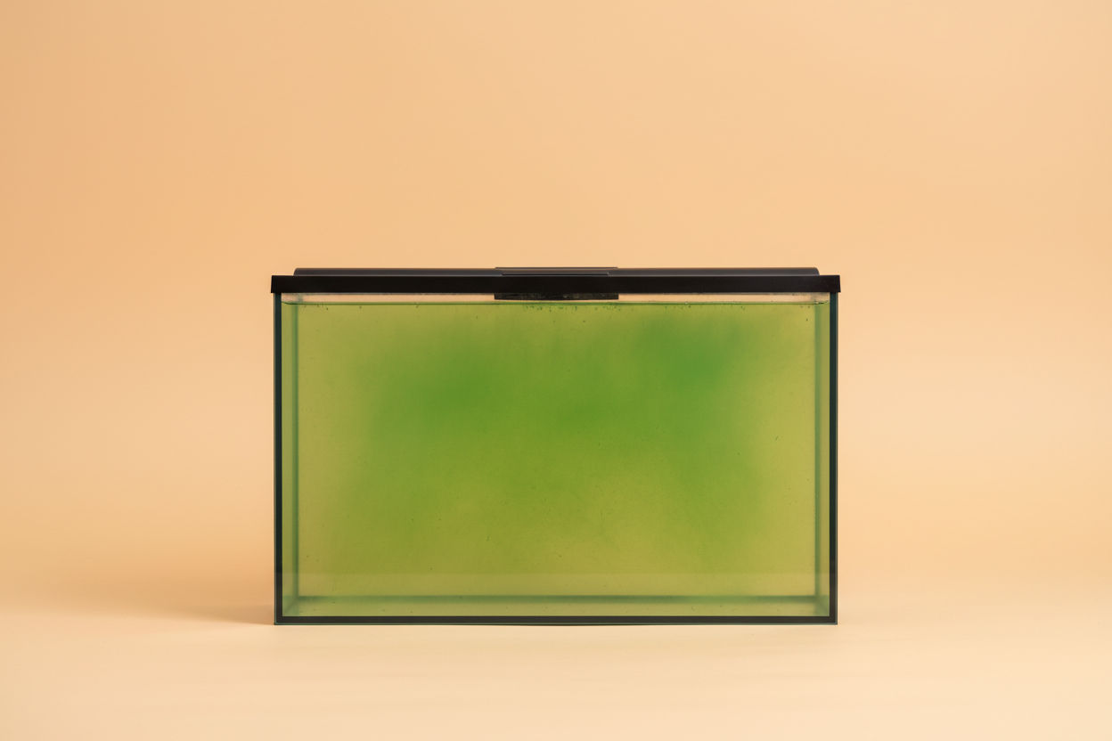 Maak een afbeelding van een aquarium met groen water. De achtergrond moet effen zijn en pasteloranje van kleur. 