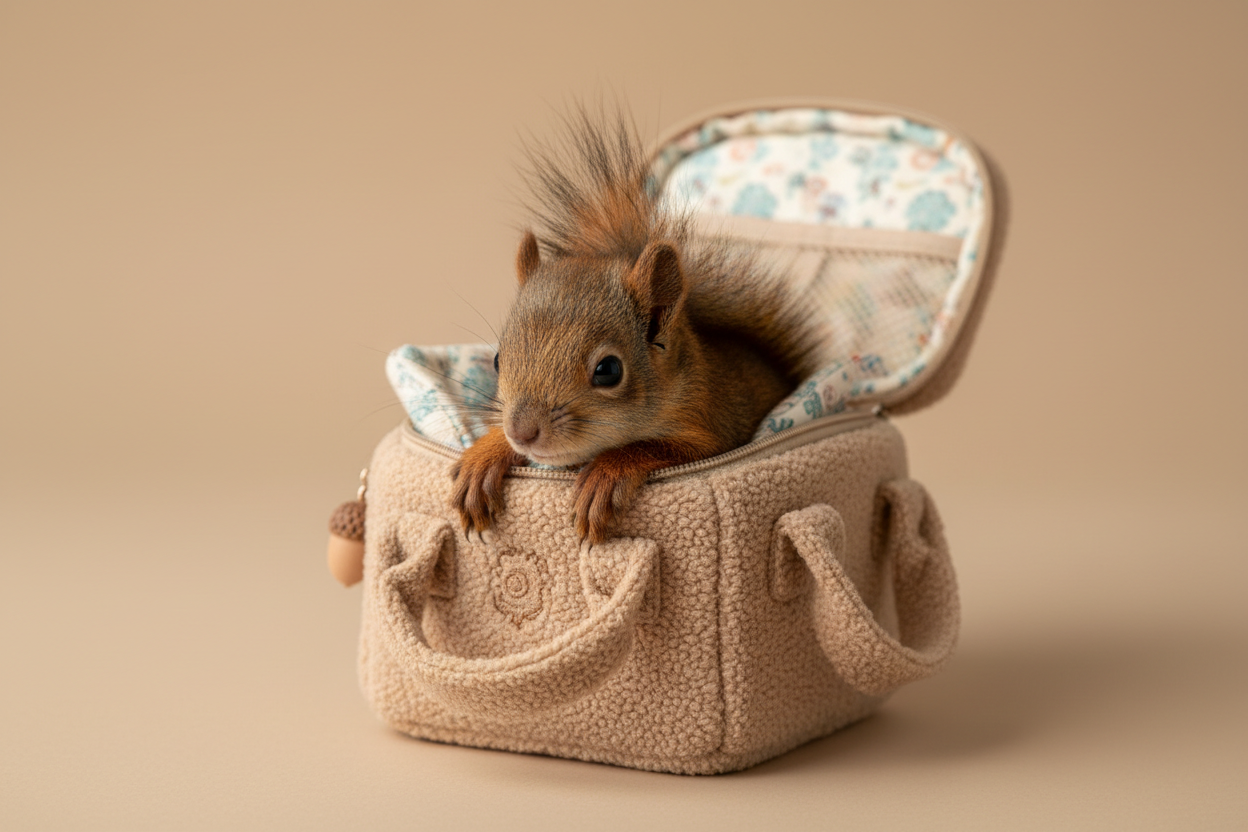 Maak een afbeelding van een eekhoorn die in een reistasje zit, de achtergrond mag effen zijn en pastelbeige van kleur