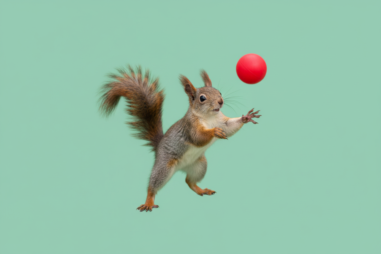 Maak een afbeelding van een eekhoorn die met een bal aan het spelen is de achtergrond moet effen zijn en muntgroen van kleur zijn. 