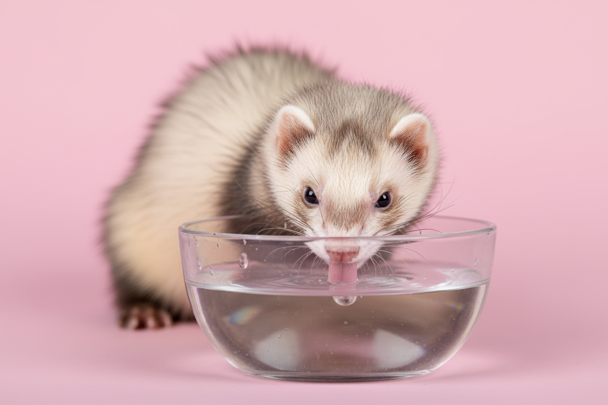 Maak een afbeelding van een fret die aan het drinken is, de achtergrond moet effen zijn en pastelroze zijn. 
