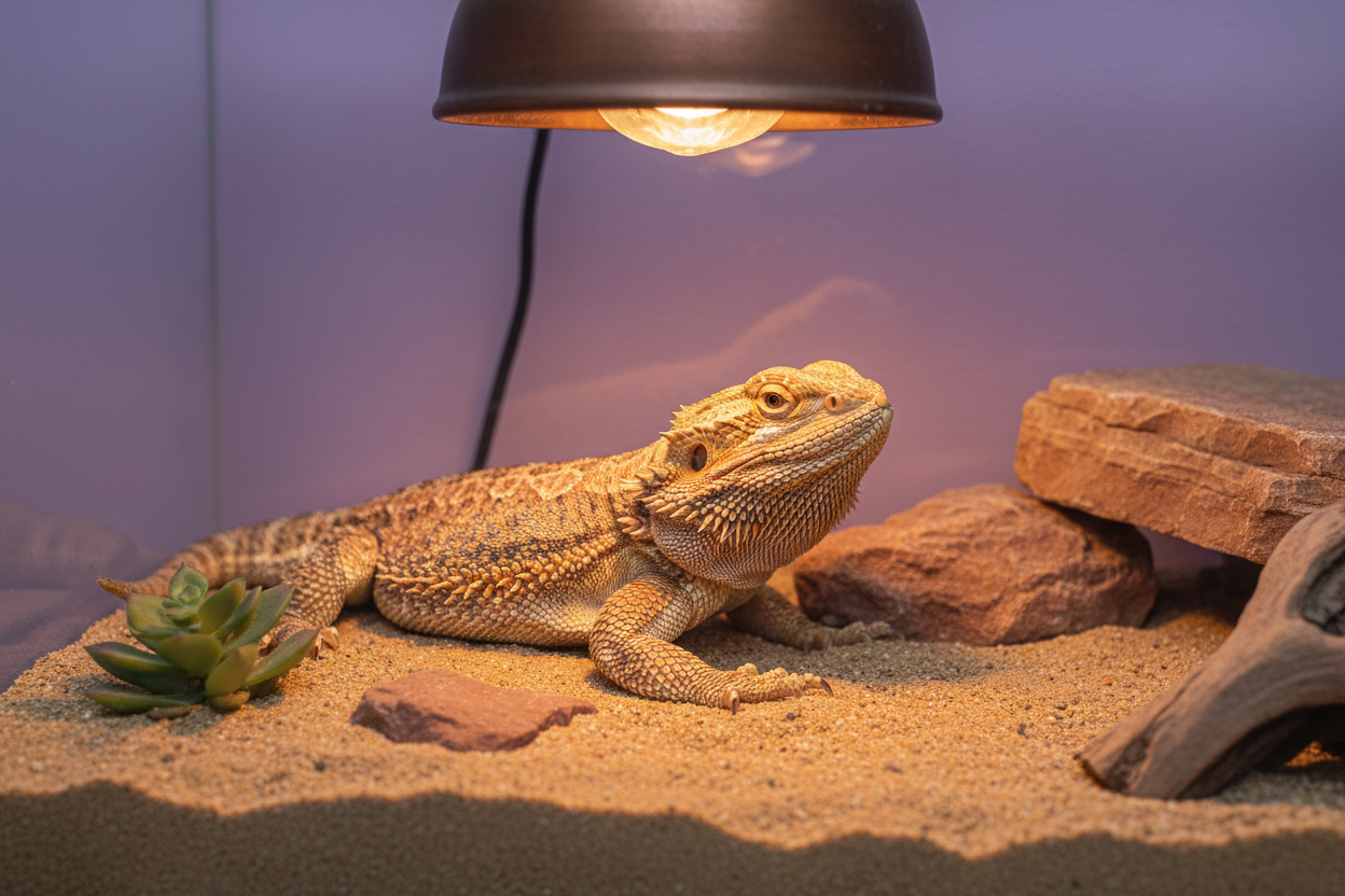 Maak een afbeelding van een hagedis die onder een warmtelamp zit in een terrarium. De achtergrond moet pastelpaars zijn en effen zijn. 