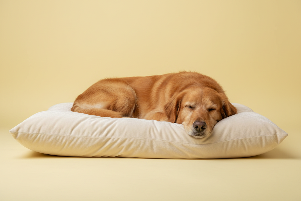 Maak een afbeelding van een hond die op een kussen ligt, de achtergrond moet effen zijn en een pastel gele achtergrond hebben. 