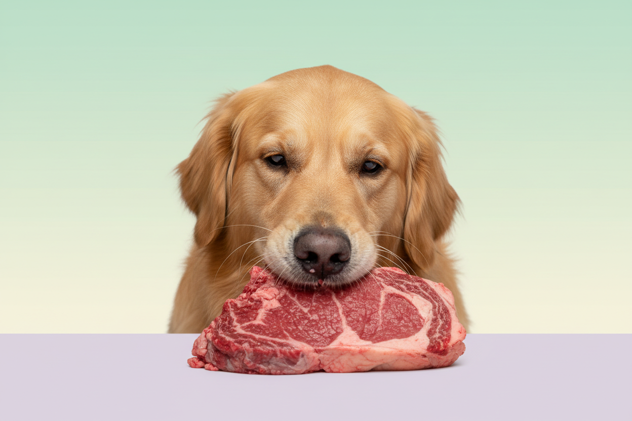 Maak een afbeelding van een hond die op een rouwe biefstuk aan het kouwen is. De achtergrond moet effen zijn en 2 verschillende pastelkleuren hebben