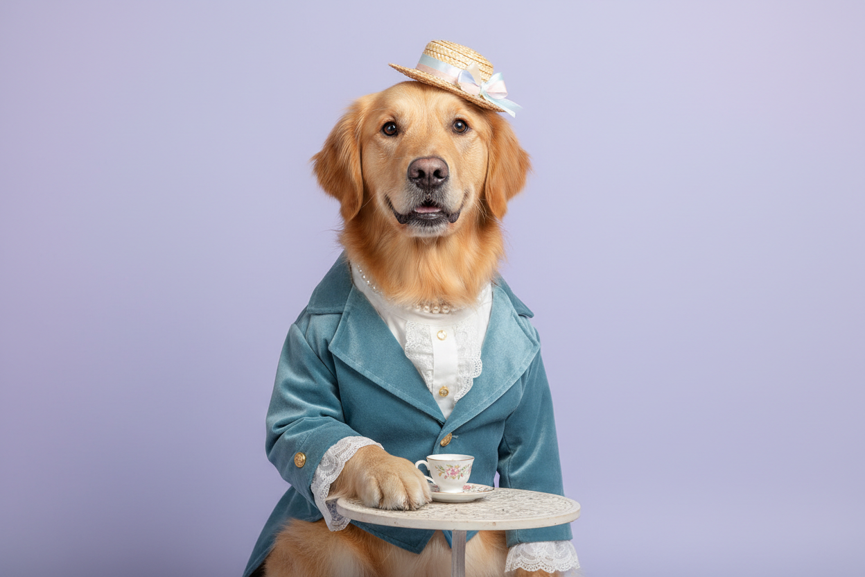 Maak een afbeelding van een hond die verkleed is, de achtergrond mag effen zijn en moet een pastel kleur hebben. 