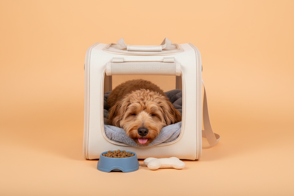 Maak een afbeelding van een hond in een reistas, de achtergrond moet effen zijn en een pastel oranje kleur hebben. 