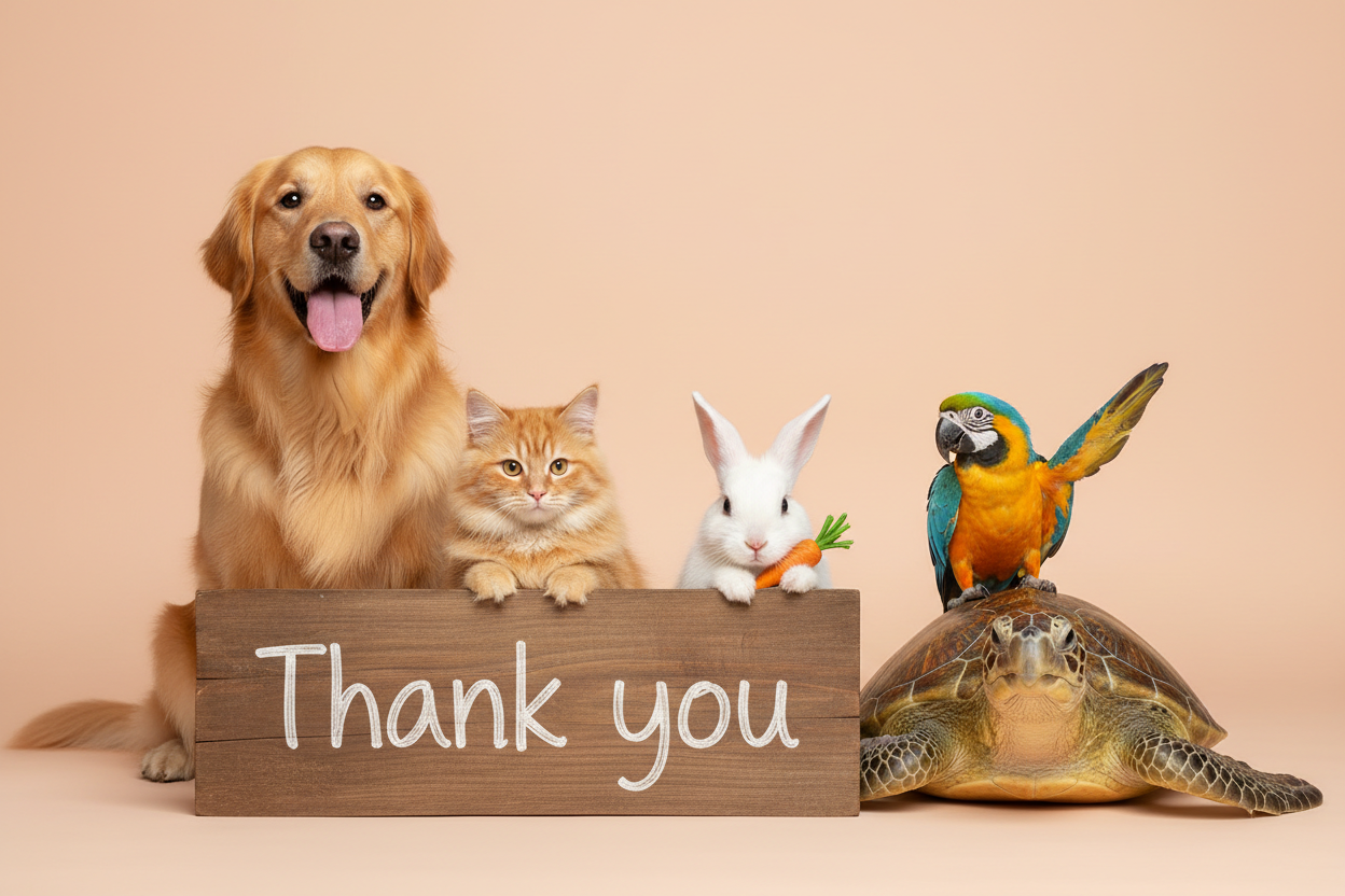 Maak een afbeelding van een hond, kat, konijn, papegaai, schildpad die achter een bord zitten met Thank you op geschreven, de achtergrond moet effen zijn en een pastelkleur hebben. 