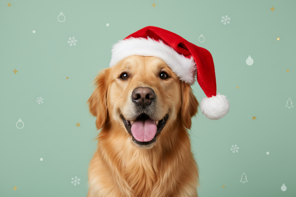 maak een afbeelding van een hond met een kerstmuts op, de achtergrond moet effen zijn en een pastelkleur hebben. Op de achtergrond mogen kerstaccenten staan.