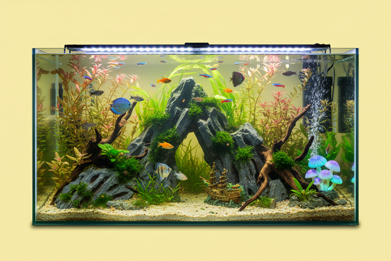 Maak een afbeelding van een ingericht aquarium. De achtergrond moet effen zijn en pastelgele kleur hebben. 