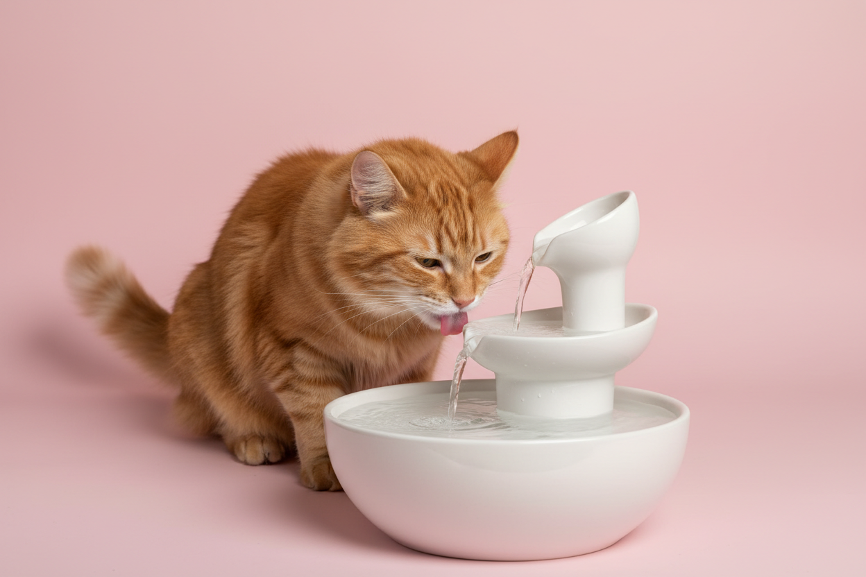 Maak een afbeelding van een kat die aan het drinken is van een drinkfontein. De achtergrond moet effen zijn en een pastelkleur hebben. 