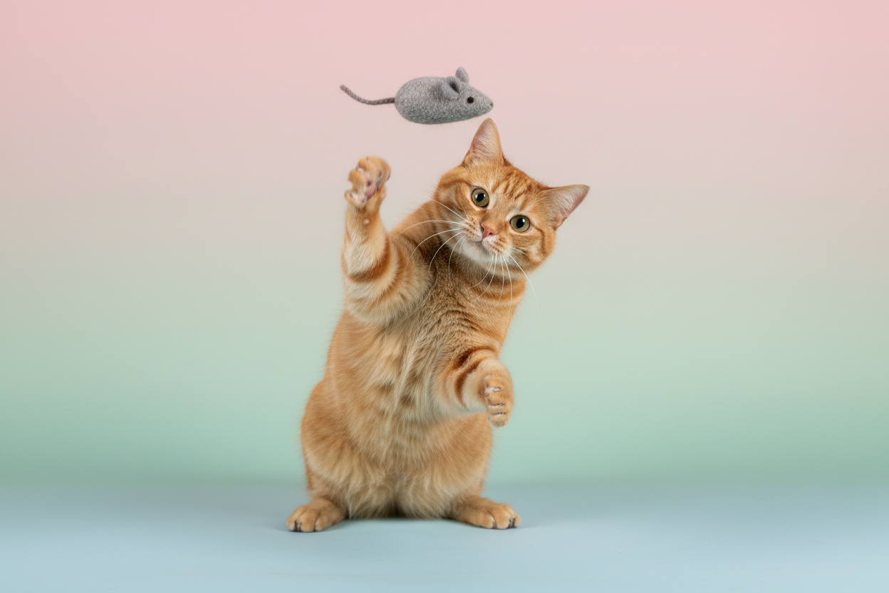 Maak een afbeelding van een kat die aan het spelen is met een speelgoed muis, de achtergrond moet effen zijn en een pastelkleur hebben. 