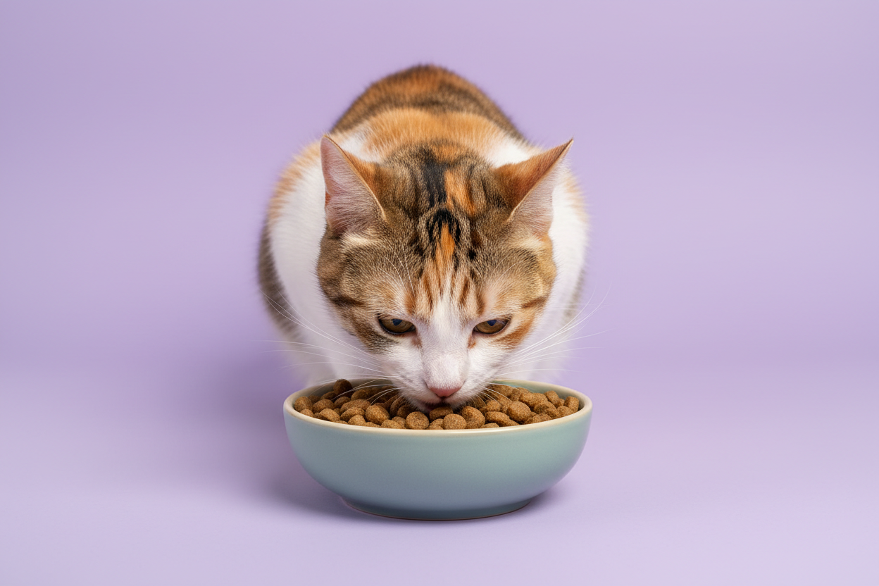 Maak een afbeelding van een kat die brokken aan het eten is, de achtergrond moet effen zijn en een pastel kleur hebben. 