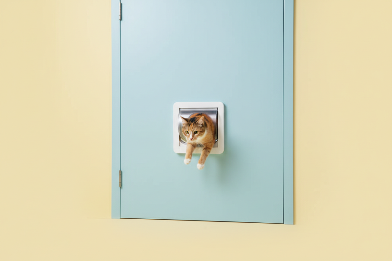 Maak een afbeelding van een kat die door een kattenluik in de deur aan het stappen is. De achtergrond moet effen zijn en een pastelkleur hebben. 