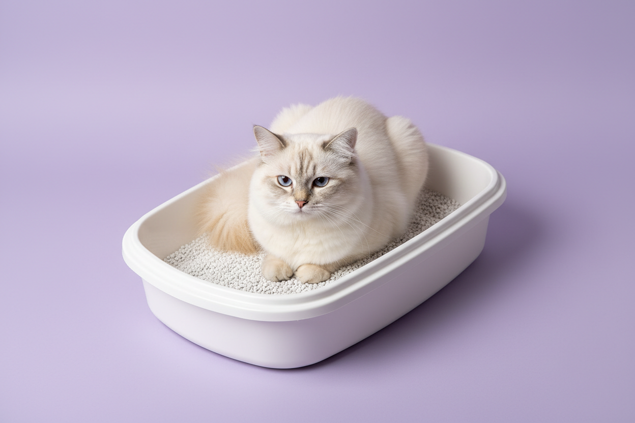 Maak een afbeelding van een kat die in de kattenbak zit, de achtergrond moet effen zijn en een pastelkleur hebben