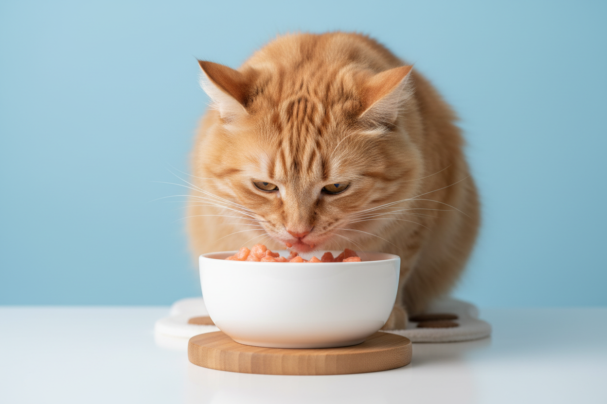 Maak een afbeelding van een kat die nat voer aan het eten is, de achtergrond moet effen zijn en een pastelkleur hebben. 