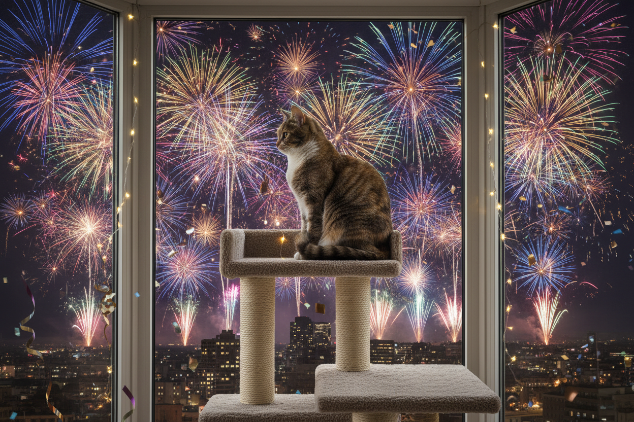 Maak een afbeelding van een kat die op een katpaal zit. Op de achtergrond gaat er vuurwerk af. 