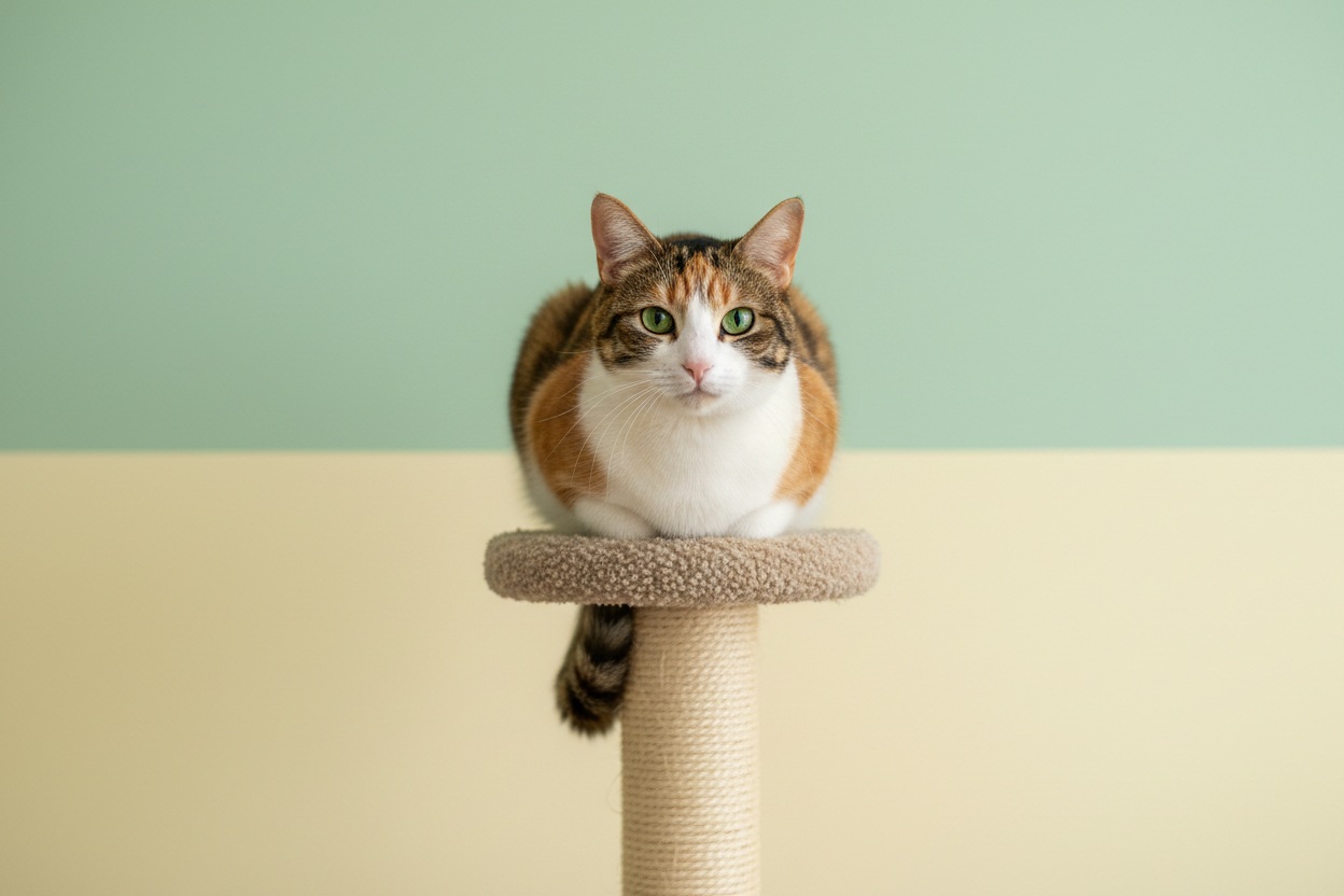 Maak een afbeelding van een kat die op een krabpaal zit, de achtergrond moet effen zijn en 2 pastelkleuren hebben. Mint green en geel