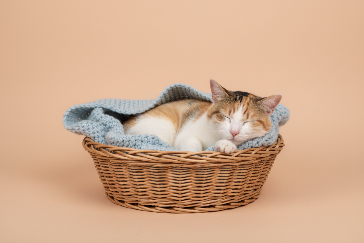 Maak een afbeelding van een kat die op een mandje ligt, de achtergrond moet effen zijn en een pastelkleur hebben