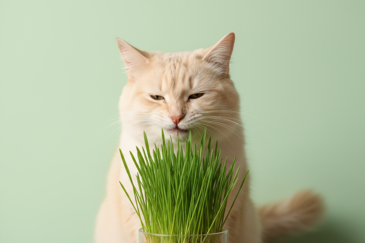 Maak een afbeelding van een kat die van kattengras aan het eten is, de achtergrond moet effen zijn en een pastelkleur hebben. 