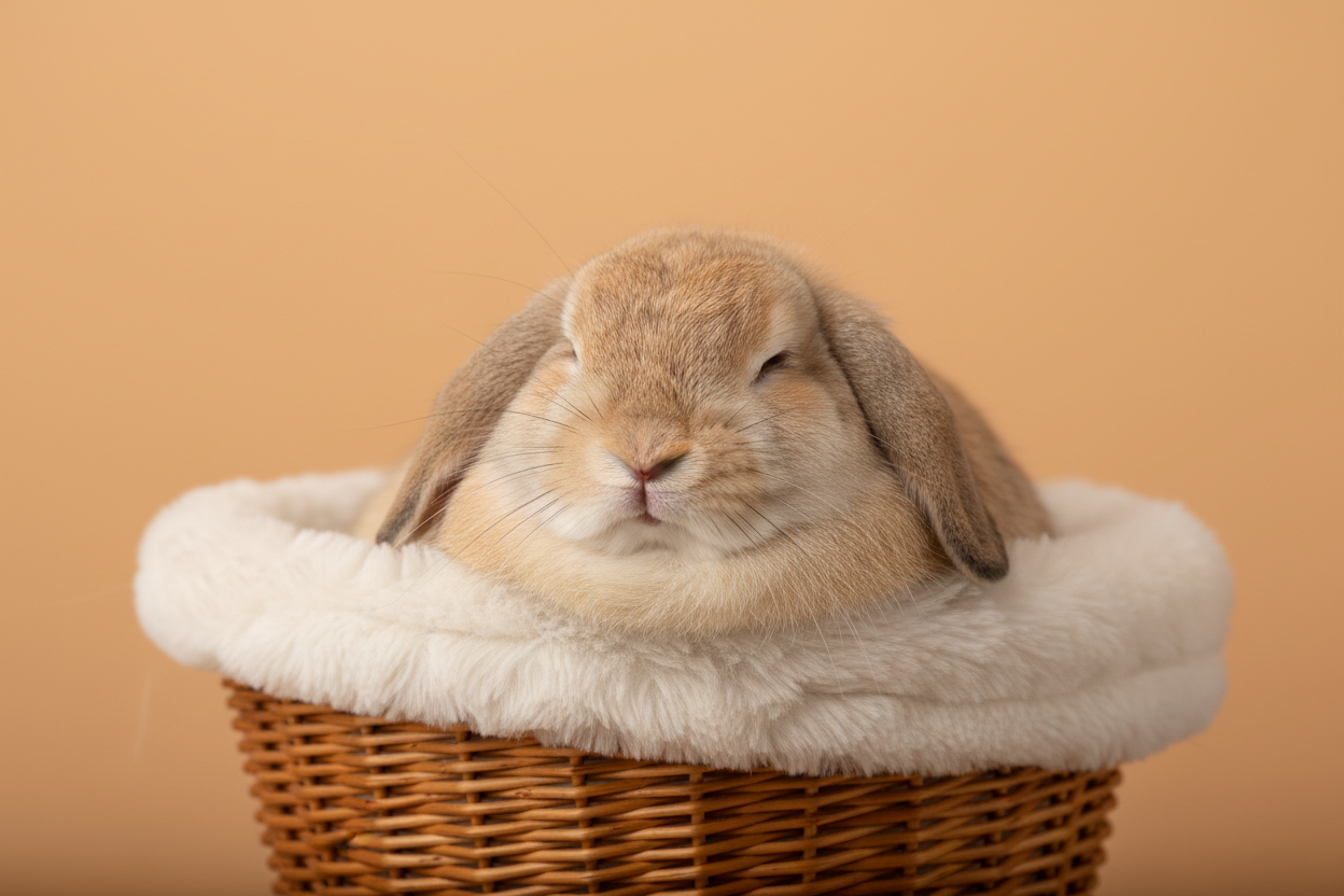 Maak een afbeelding van een konijn die in een mandje ligt, de achtergrond moet effen zijn en pasteloranje van kleur zijn. 