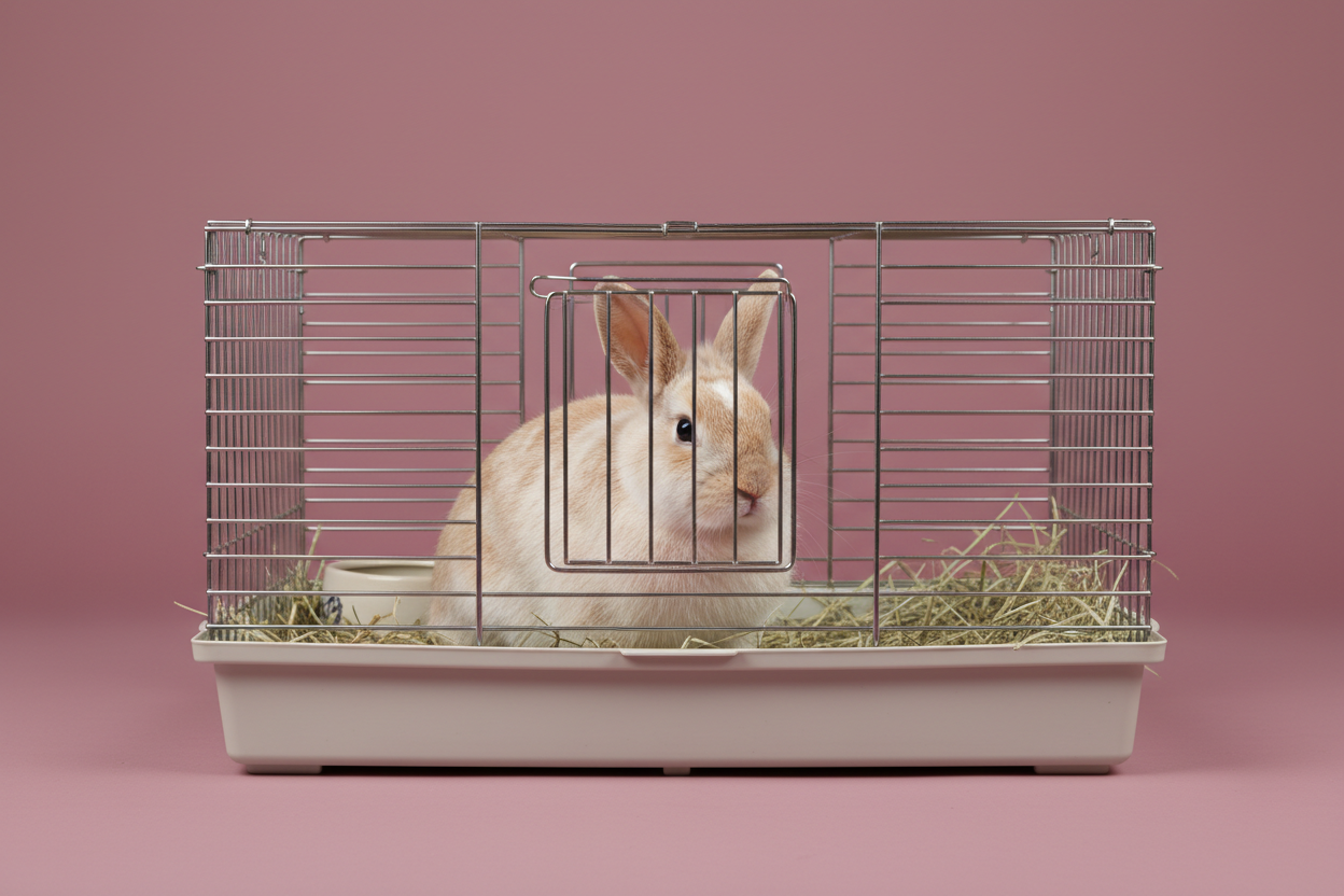 Maak een afbeelding van een konijn in een konijnenkooi, de achtergrond moet effen zijn en pastelbordeaux van kleur zijn. 