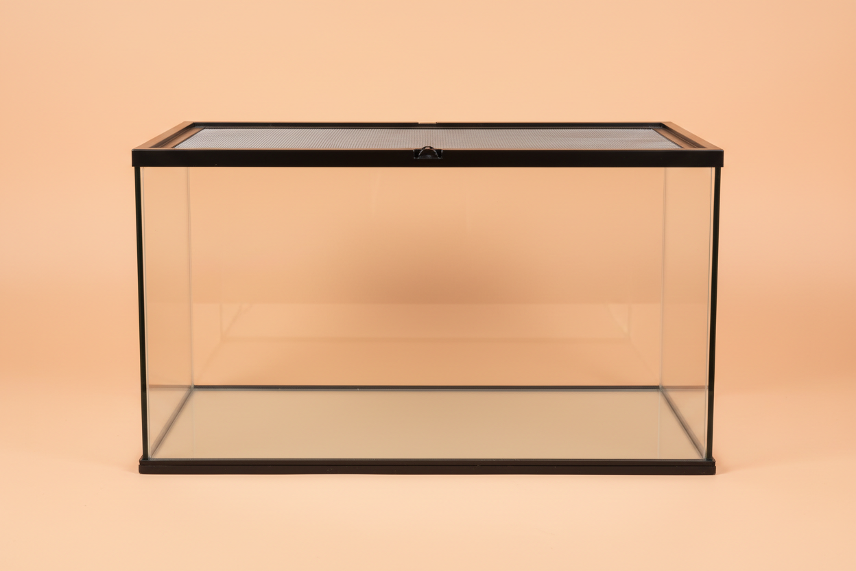 Maak een afbeelding van een leeg terrarium voor reptielen. De achtergrond moet effen zijn en pastel oranje van kleur. 