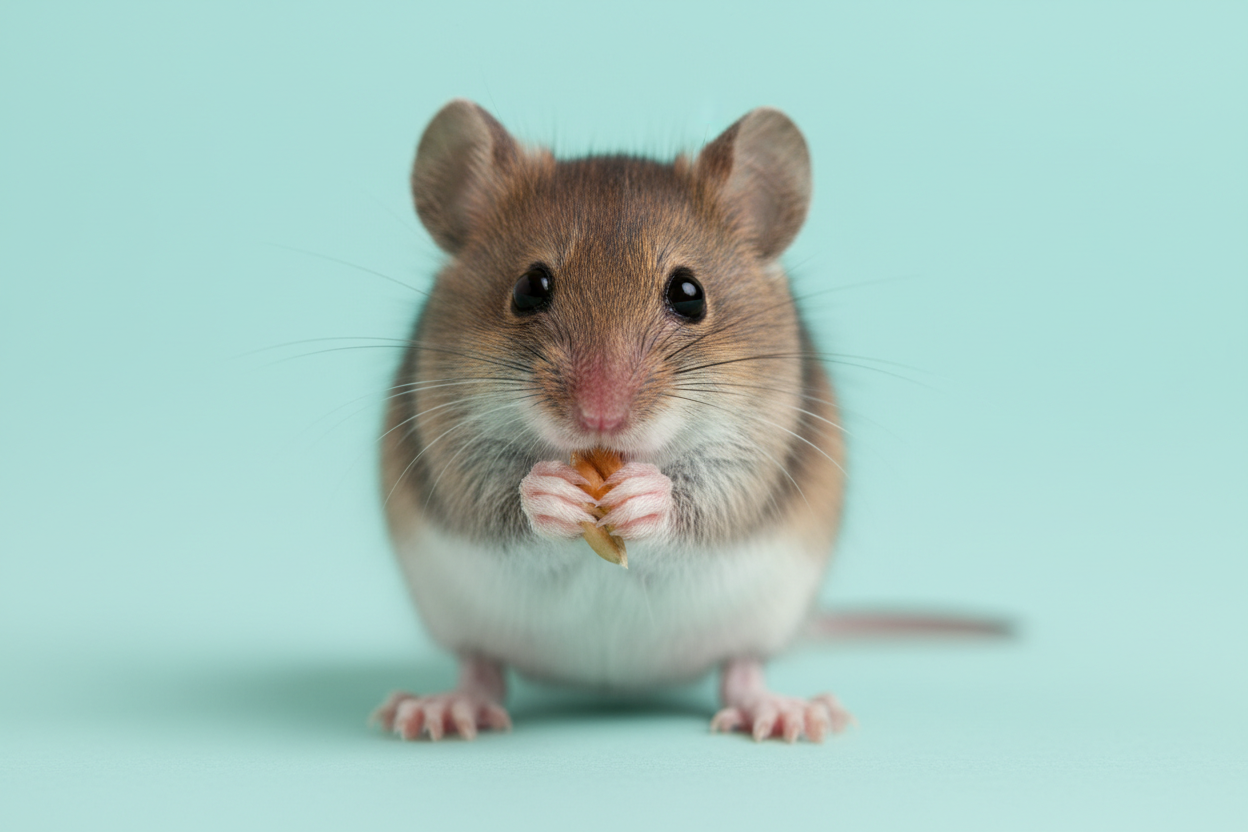 Maak een afbeelding van een muis die graan aan het eten is. De achtergrond moet effen zijn en pastel turquoise zijn. 