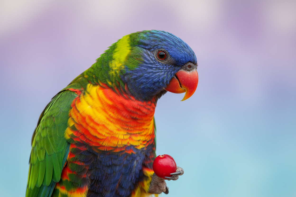 Maak een afbeelding van een papegaai die een bes in zijn poot vasthoud. De achtergrond moet effen zijn en de pastelkleuren paars en blauw bezitten. 