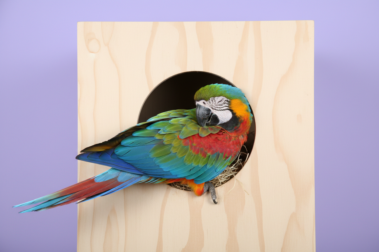 Maak een afbeelding van een papegaai die in een broedhuisje zit. De achtergrond moet effen zijn en pastelpaars zijn.