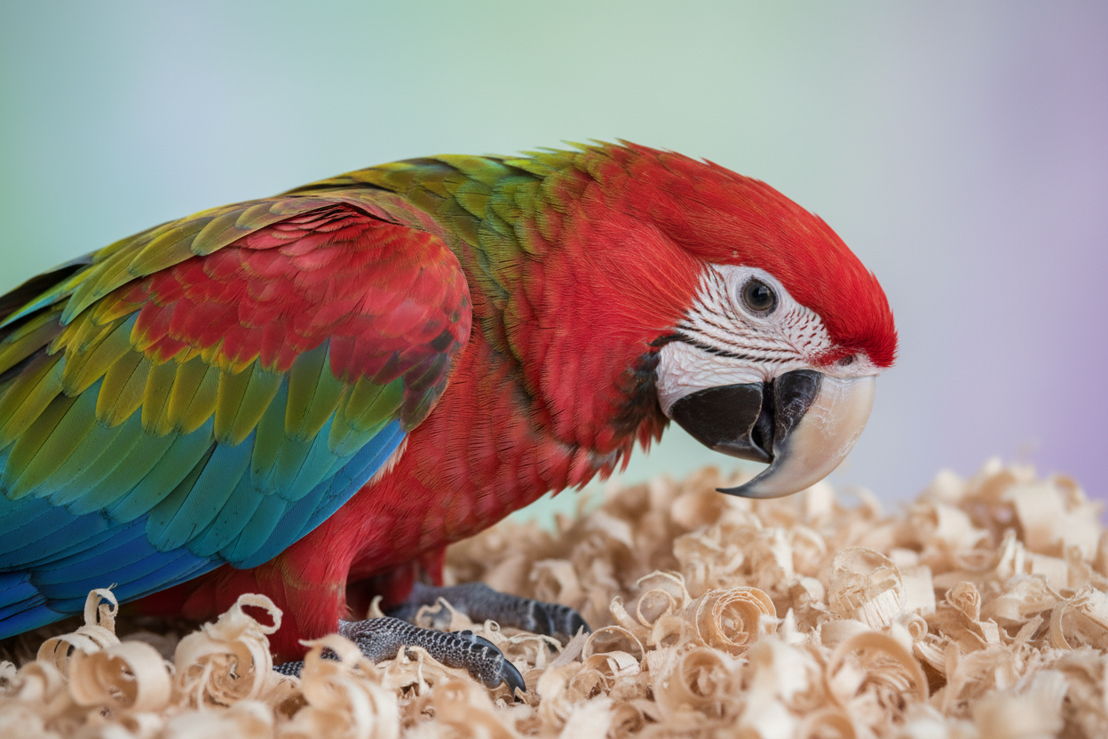 Maak een afbeelding van een papegaai die in houtsnippers zit, de achtergrond moet pastelkleuren mintgroen en lavendelpaars bevatten