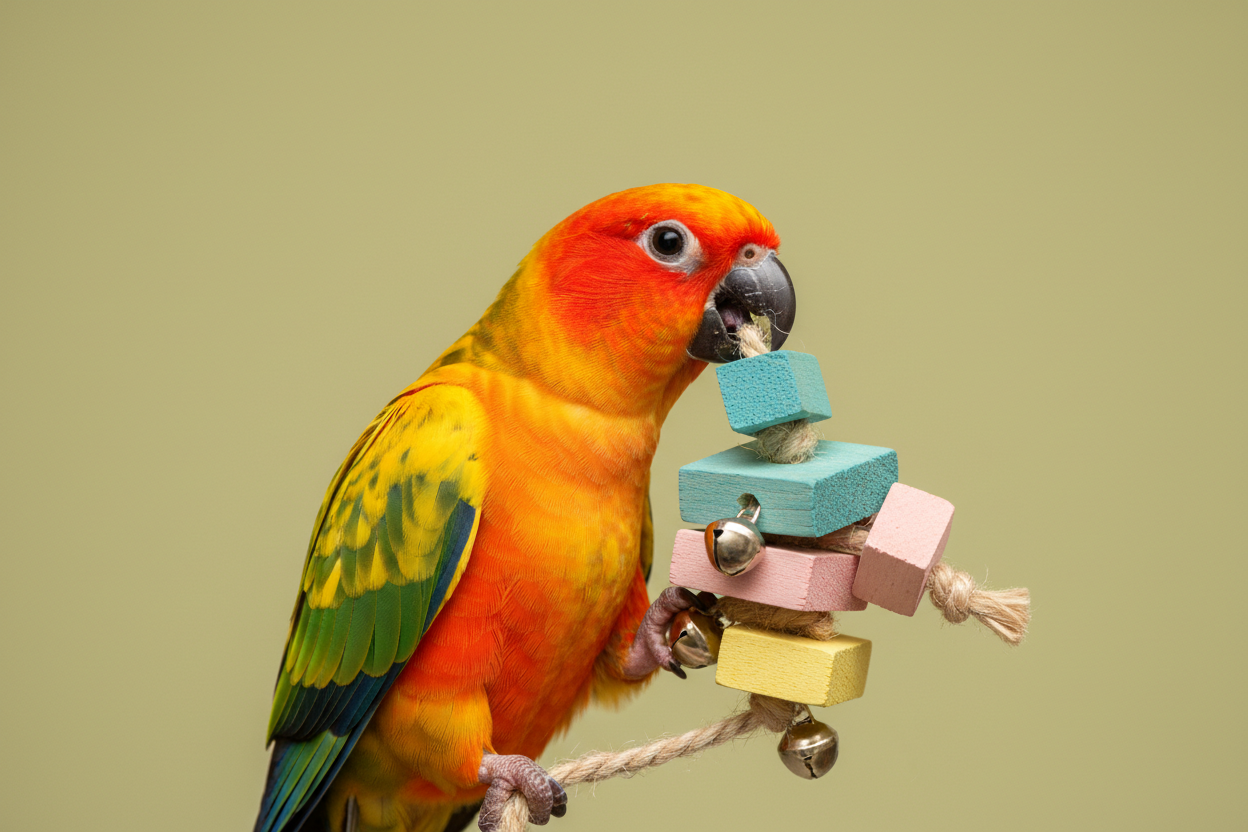 Maak een afbeelding van een papegaai die met iets aan het spelen is. De achtergrond moet effen zijn en pastelkakki zijn. 