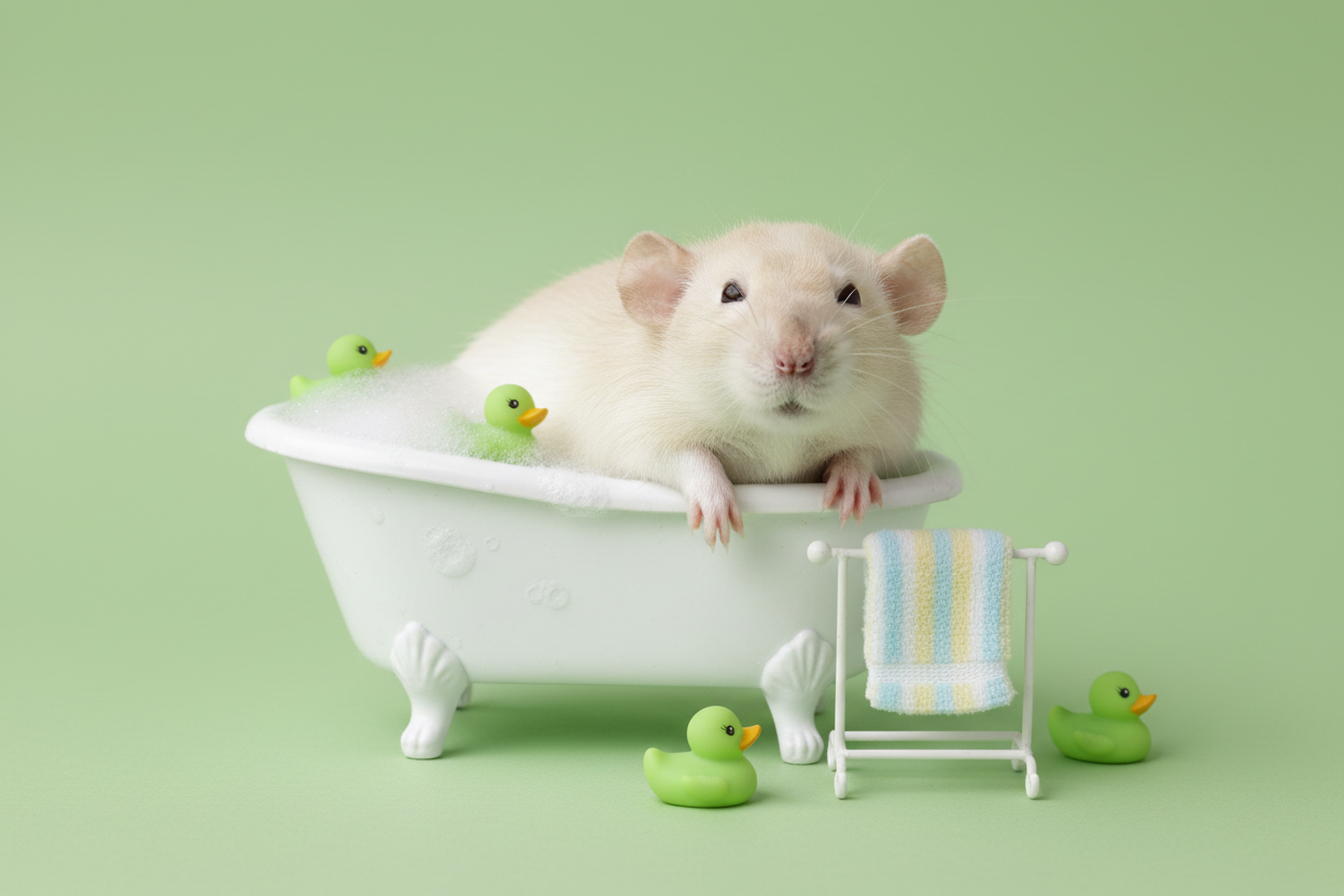 Maak een afbeelding van een rat die in een bad zit, de achtergrond mag effen zijn en een pastelgroene kleur hebben