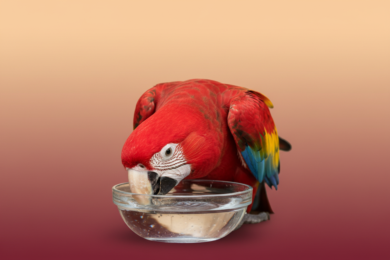 Maak een afbeelding van een rode papegaai die aan het drinken is. De achtergrond moet effen zijn en de pastelkleuren oranje en bordeaux bevatten. 