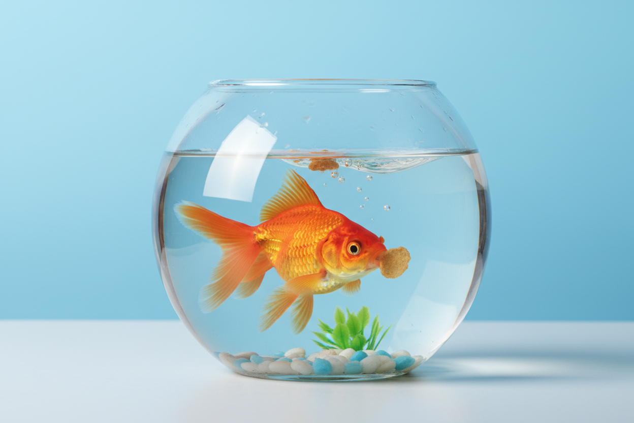 Maak een afbeelding van een ronde viskom met een vis in die aan het eten is. De achtergrond moet effen zijn en pastelblauw van kleur.