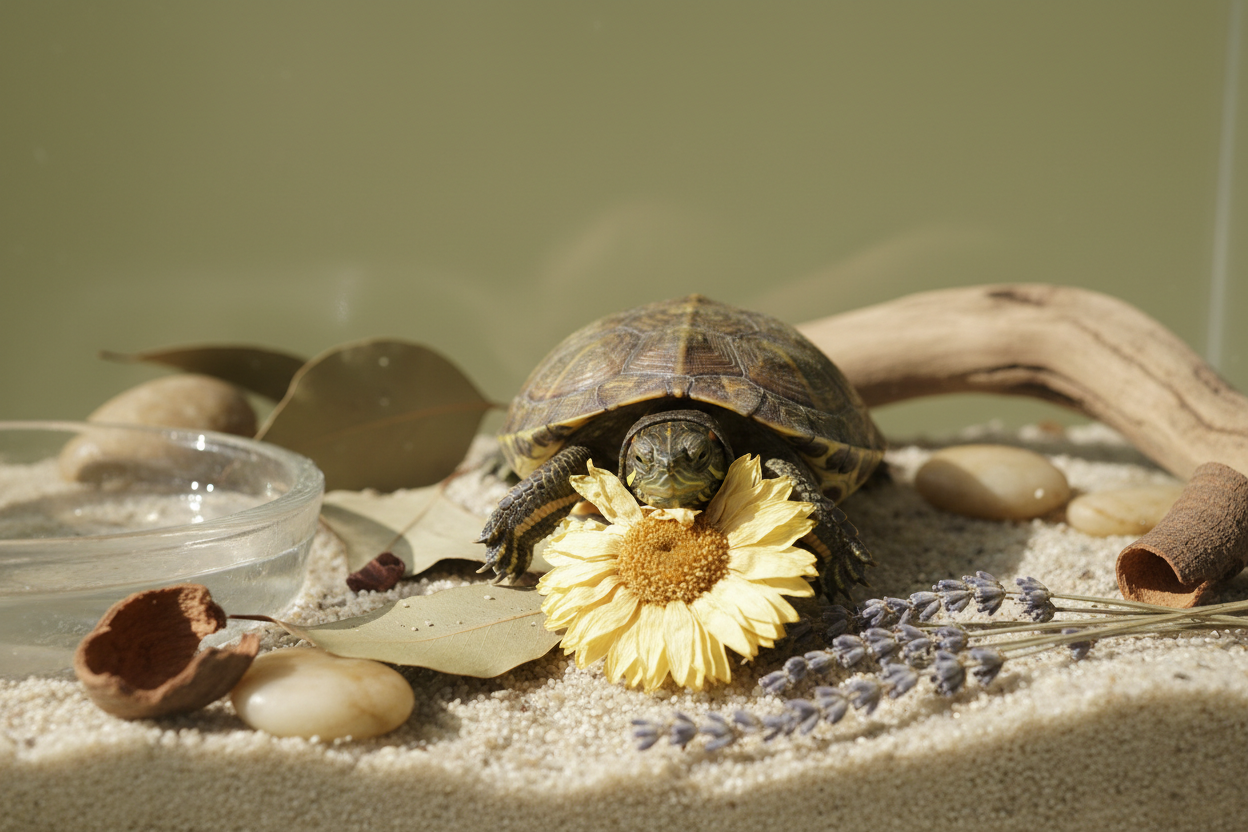Maak een afbeelding van een schildpad in een terrarium die een droge bloem aan het opeten is. De achtergrond moet effen zijn en pastelkakki van kleur zijn. 
