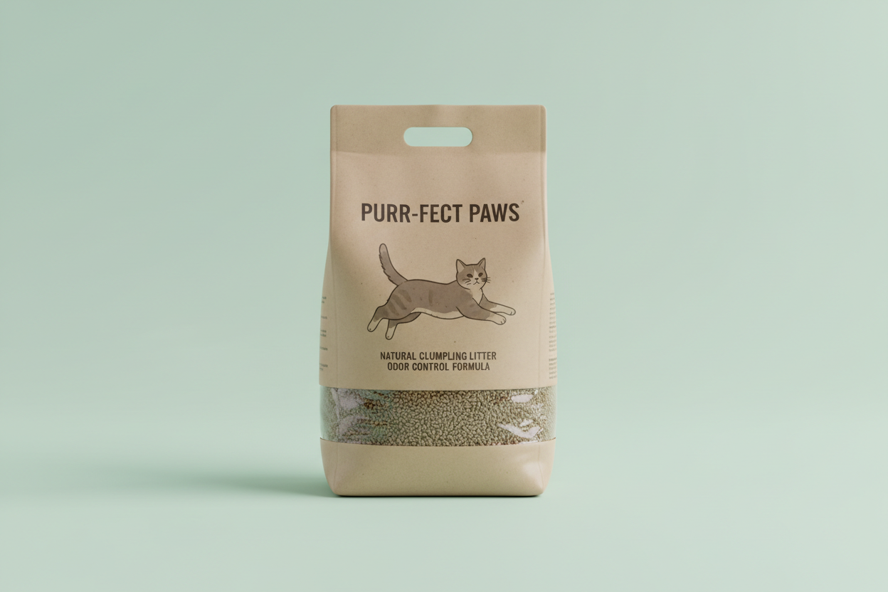 Maak een afbeelding van een zak kattenbakvulling, de achtergrond moet effen zijn en moet een pastelkleur hebben die nog niet werd gebruikt in mijn webshop