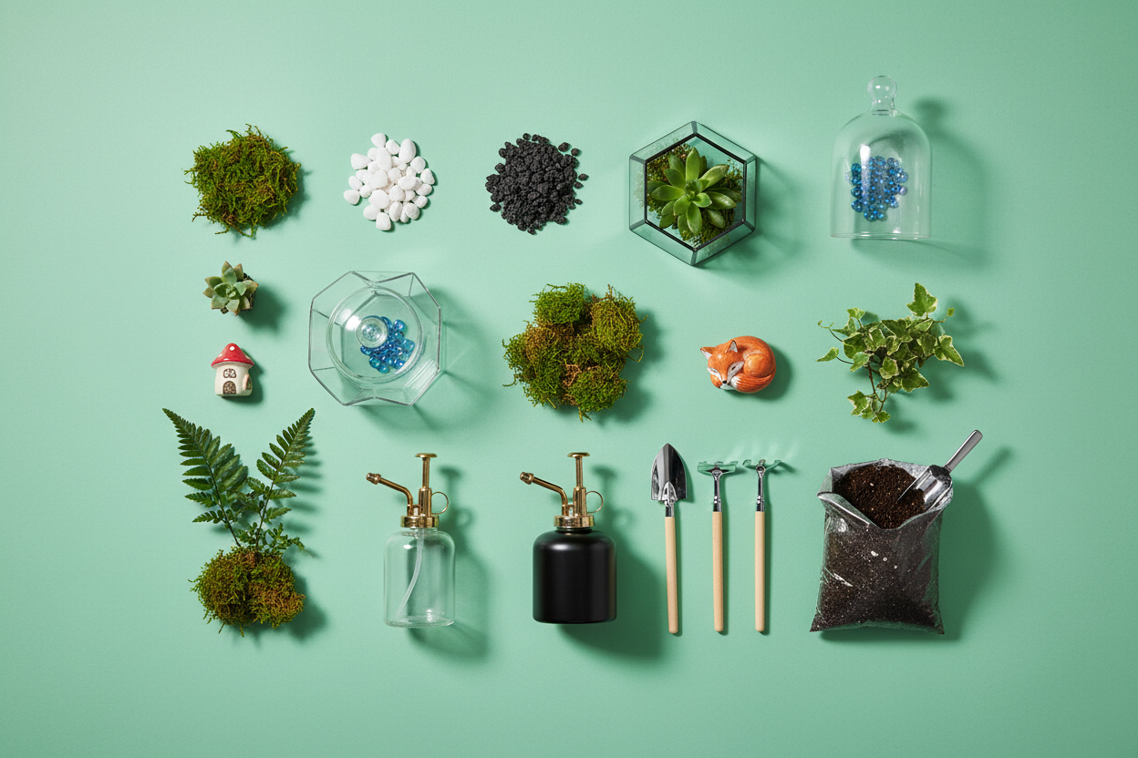 Maak een afbeelding van onderdelen van terraria, de achtergrond moet effen zijn en een muntgroene kleur hebben.