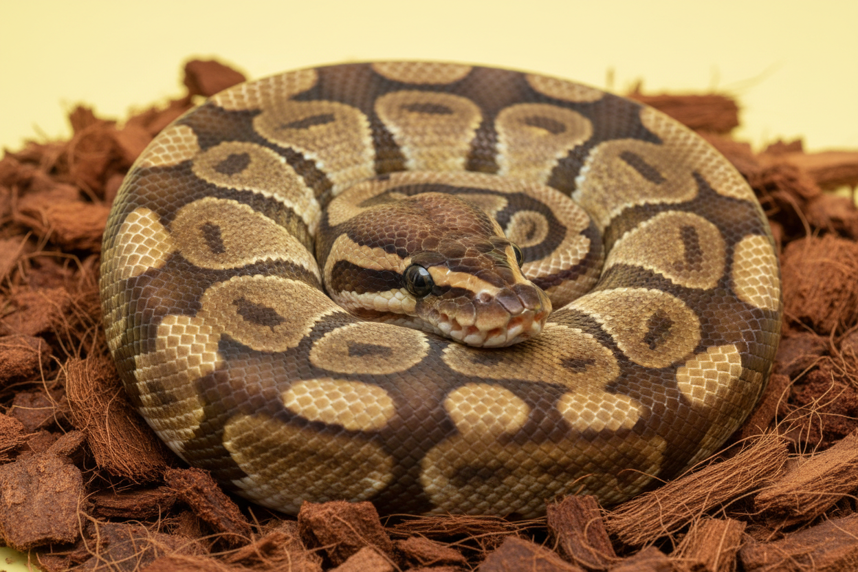 Maak een afdeling van een slang die in kokosschilfers ligt. De achtergrond moet effen zijn en pasteelgeel zijn. 