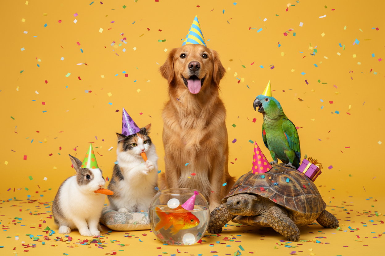Maak een realistische afbeelding van een hond, een kat, een konijn, een schildpad, een papegaai en een goudvis in een rond aquarium die allemaal een feesthoedje dragen. De achtergrond moet een effen kleur hebben en er mag confetti op de achtergrond. 