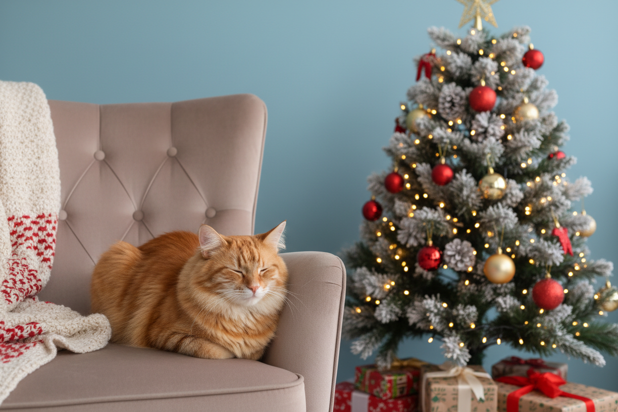 Maak een realistische afbeelding van een kat die in een zetel ligt die naast een kestboom staat. De achtergrond moet effen zijn en pastel blauw van kleur zijn. 