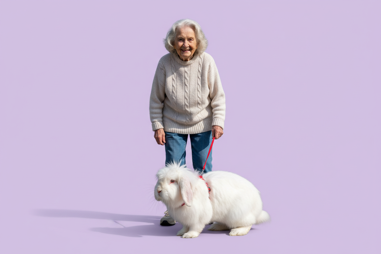 Maak een realistische afbeelding van een oude dame die aan het wandelen is met een konijn aan de leiband, de achtergrond moet effen zijn en een paarse pastelkleur hebben. 